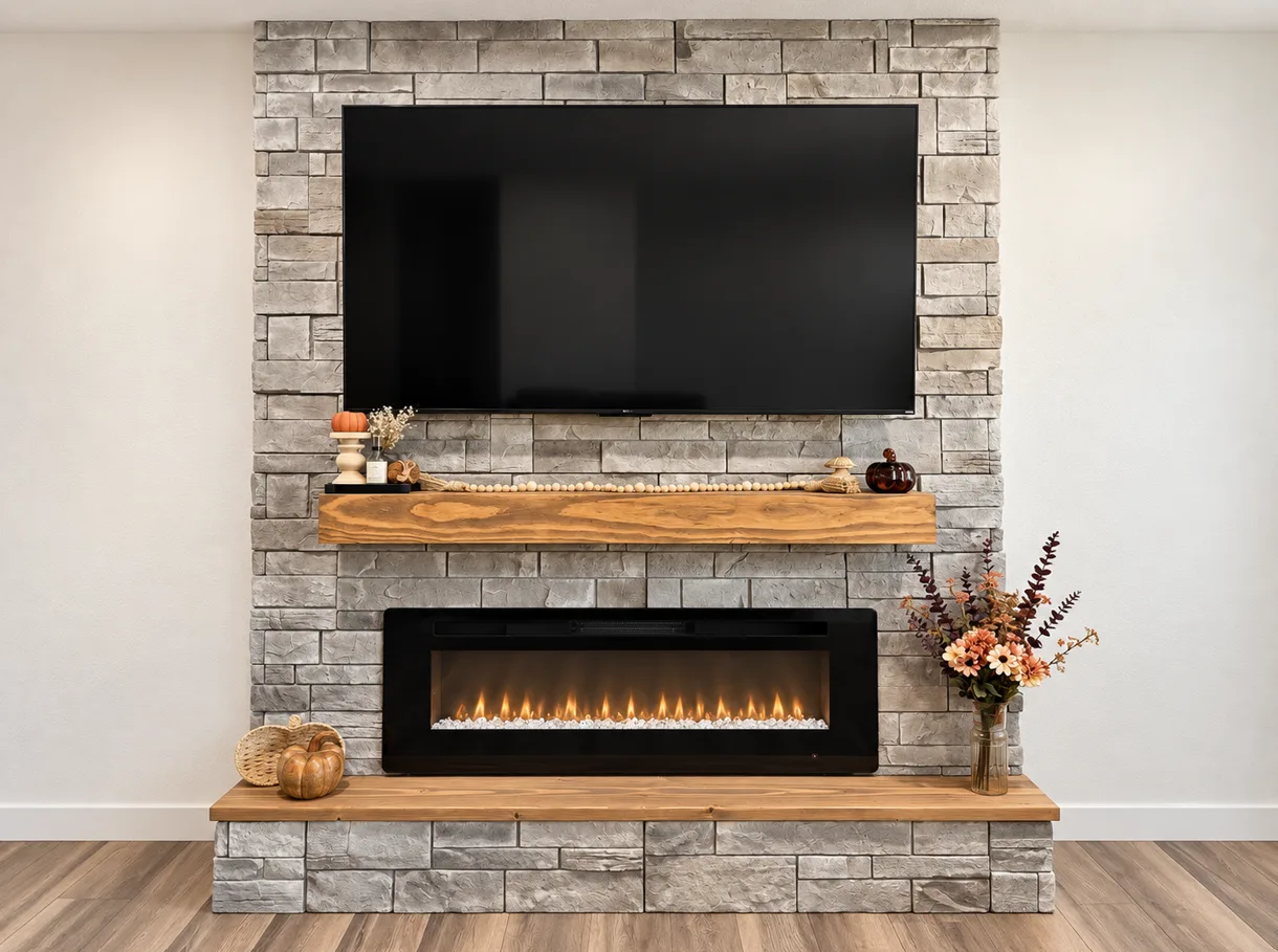 Stone fireplace wall with wood mantel, electric fireplace and mounted TV