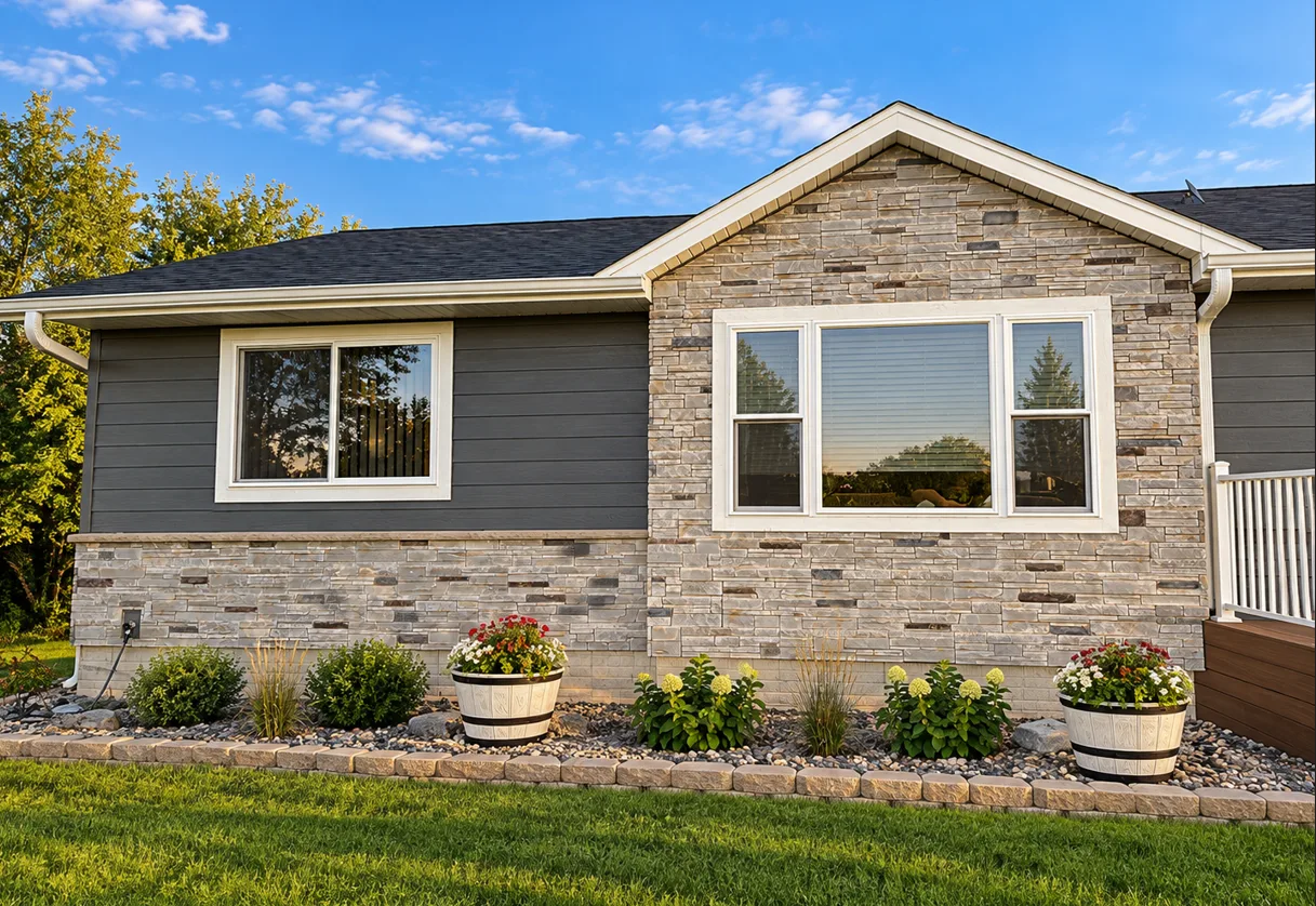 Home exterior with charcoal lap siding and stacked stone accents