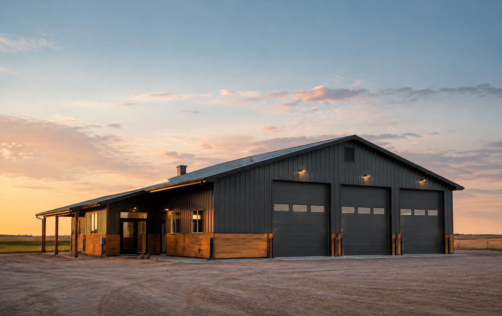 Charcoal post frame building with wood wainscot at sunset on the prairie